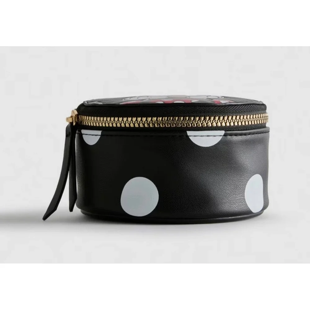 Disney Minnie Mouse Round Jewelry Travel Case Black Polka Dot Zip Organizer